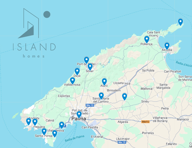 Map of Mallorca highlighting top luxury villa zones, including Deia, Sóller, Andratx, Pollensa, Alcúdia, and Palma.