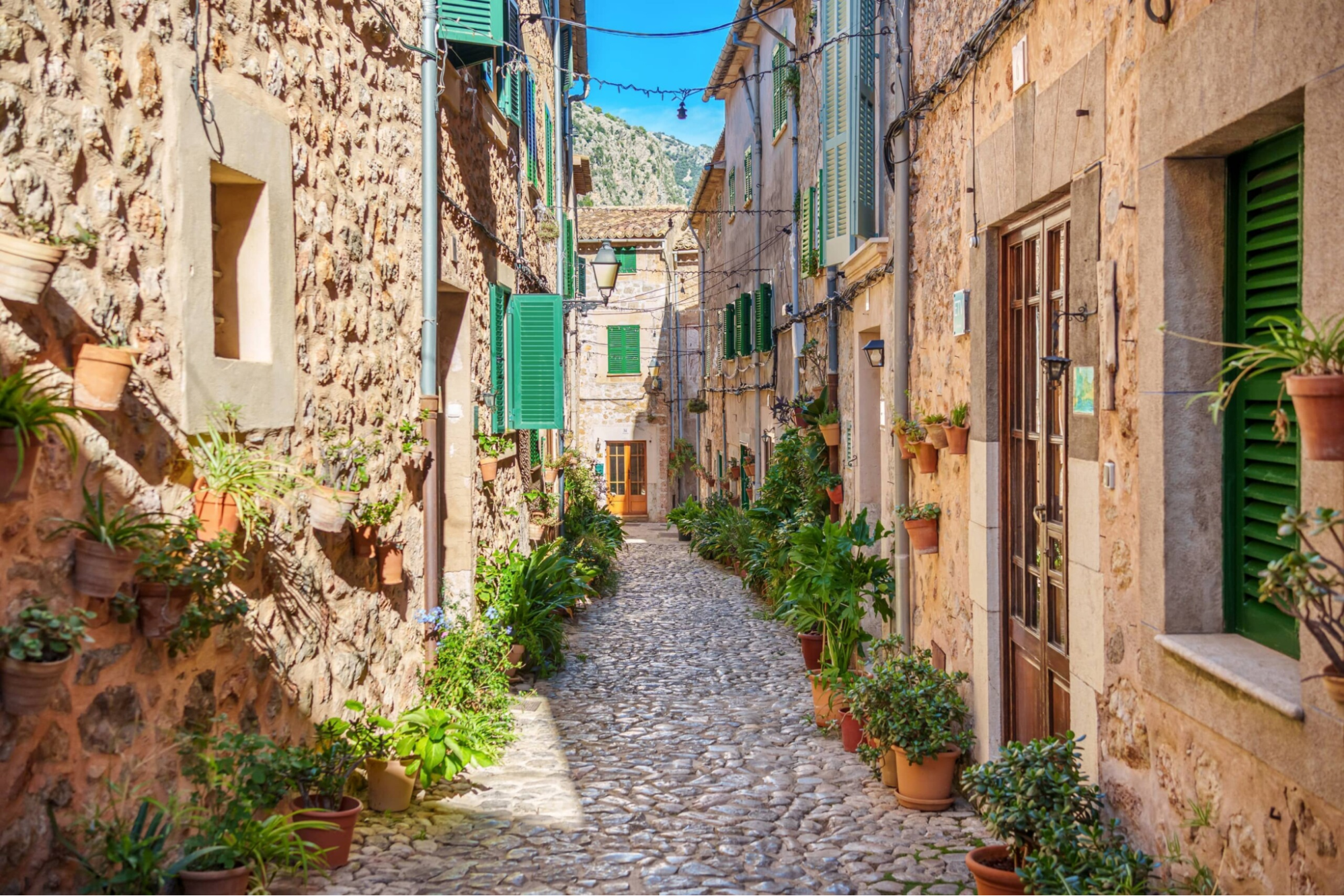 Cobbled street in Valldemossa, lined with rustic stone houses, green shutters, and potted plants under the Tramuntana mountains.
