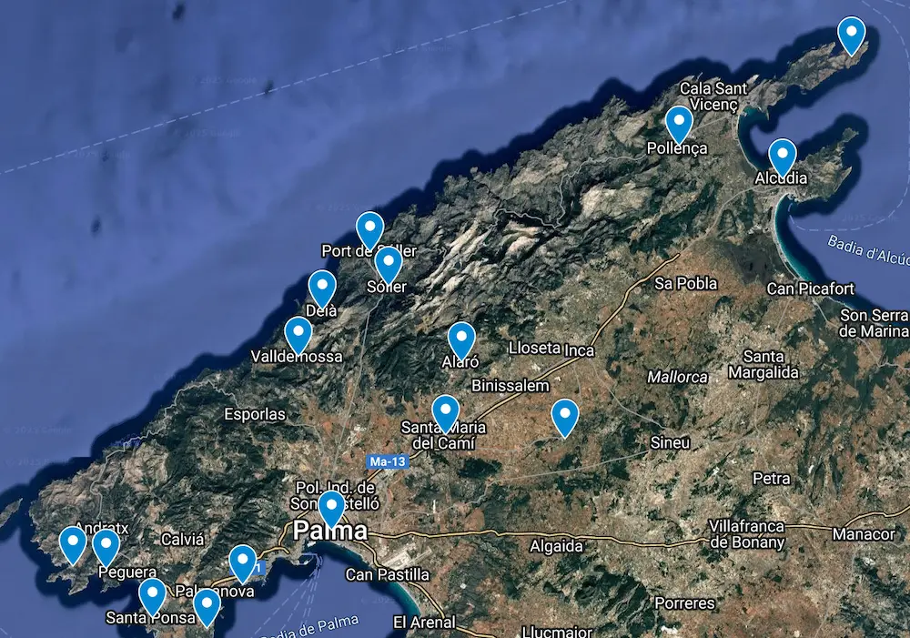 Mallorca's map featuring the top zones to stay in the Island