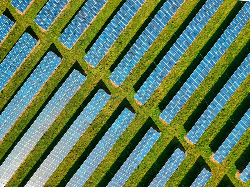 Aerial view of solar panel rows on green grass, symbolizing renewable energy and sustainable design in eco-luxury architecture.