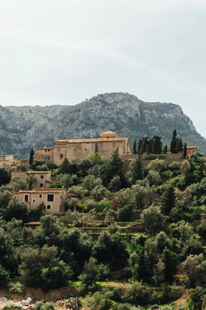 View of Deià Mallorca villas nestled in the Tramuntana mountains, surrounded by olive groves and stone terraces.