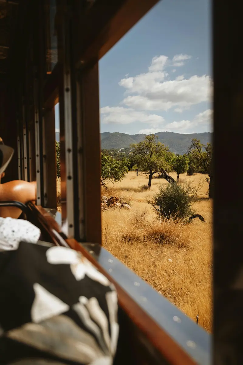 Panoramic train ride from Sóller to Port de Sóller passing through the valley and orange groves in Mallorca.