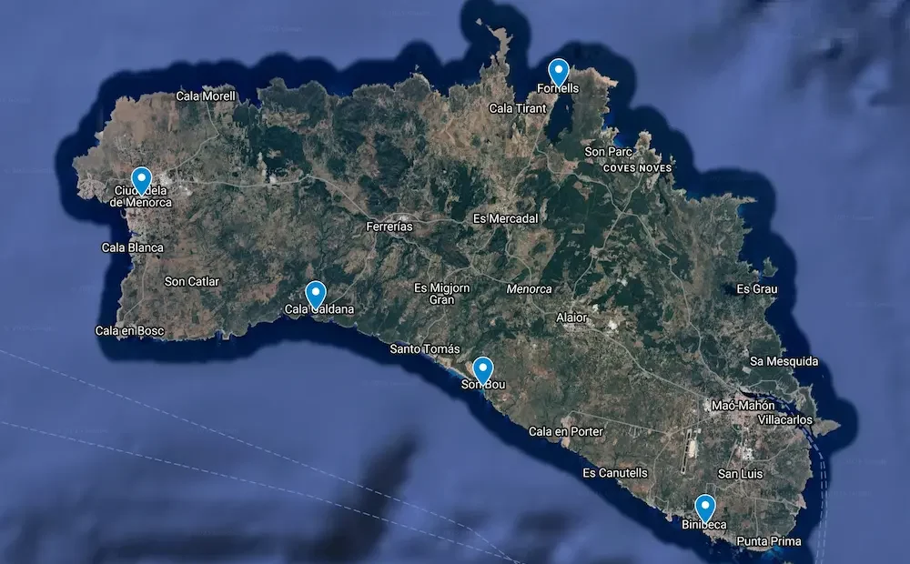 Menorca luxury Travel Map featuring the best areas to stay in Menorca.
