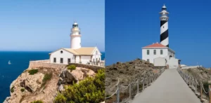 Light house pictures from Menorca and Mallorca, comparing the Balearic sisters