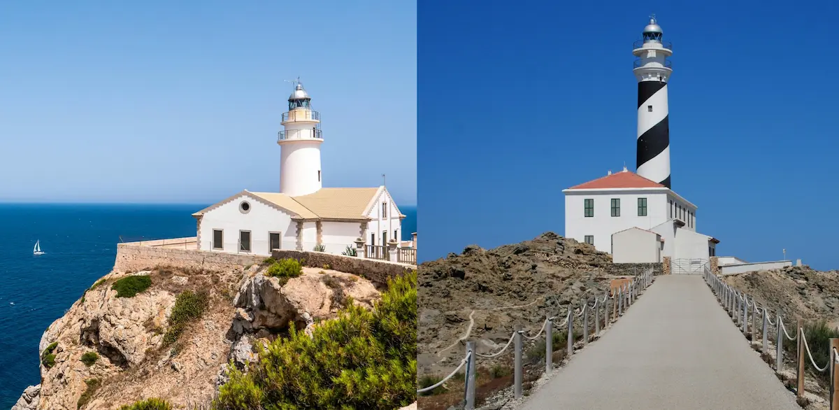 Light house pictures from Menorca and Mallorca, comparing the Balearic sisters