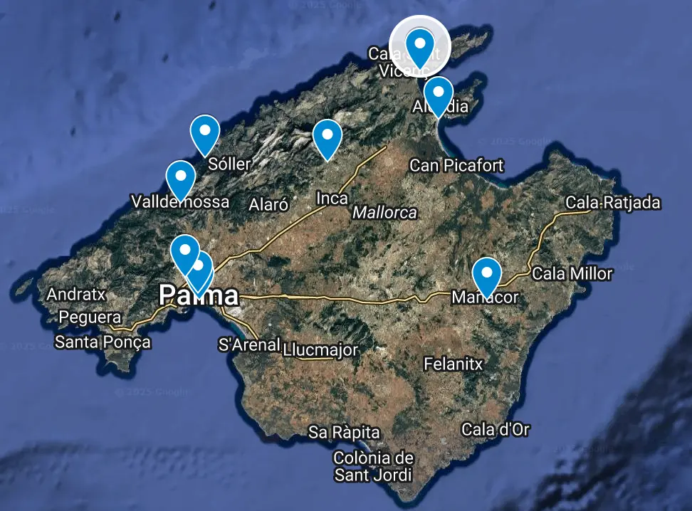 Map showcasing the best restaurants for fine dining in Mallorca