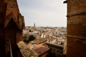 Panoramic view of Palma de Mallorca city with historic rooftops and cathedral spires, representing Mallorca’s luxury tourism and urban landscape.