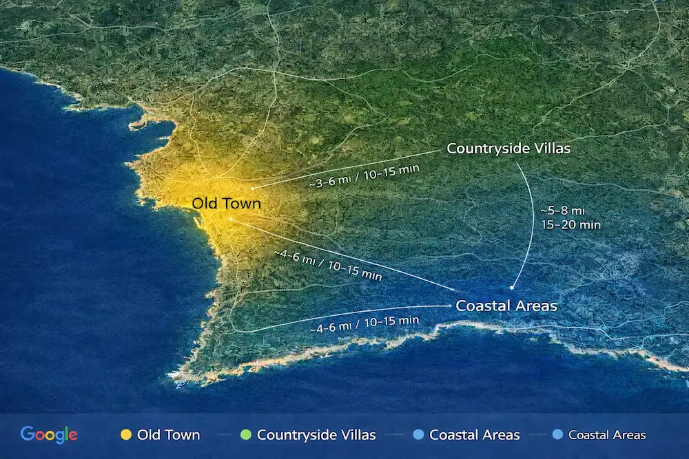 mapa con las mejores zonas para alojarse en Ciutadella Menorca, incluyendo el casco antiguo, las villas rurales y las zonas costeras