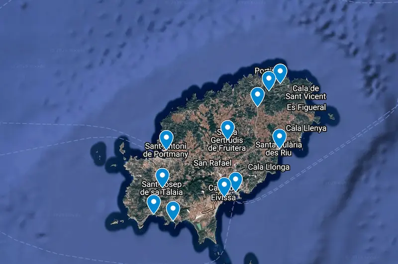 Best areas to stay in Ibiza map with pins